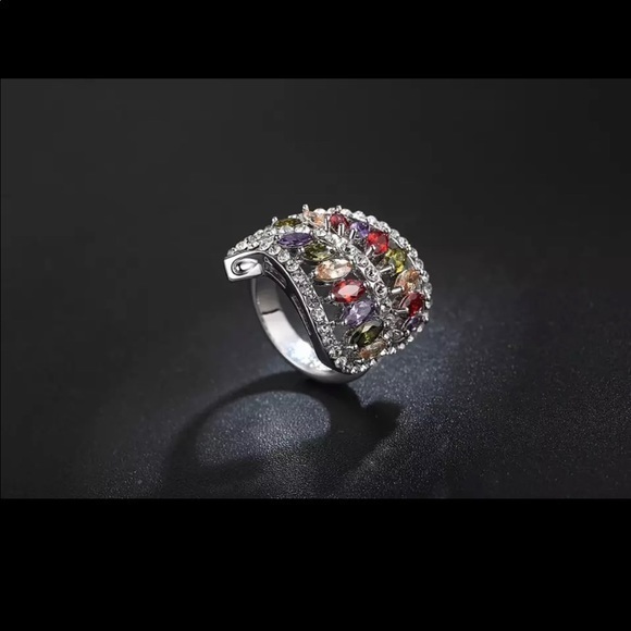 New Silver Rainbow Rhinestone Crystal Ring - Picture 2 of 2